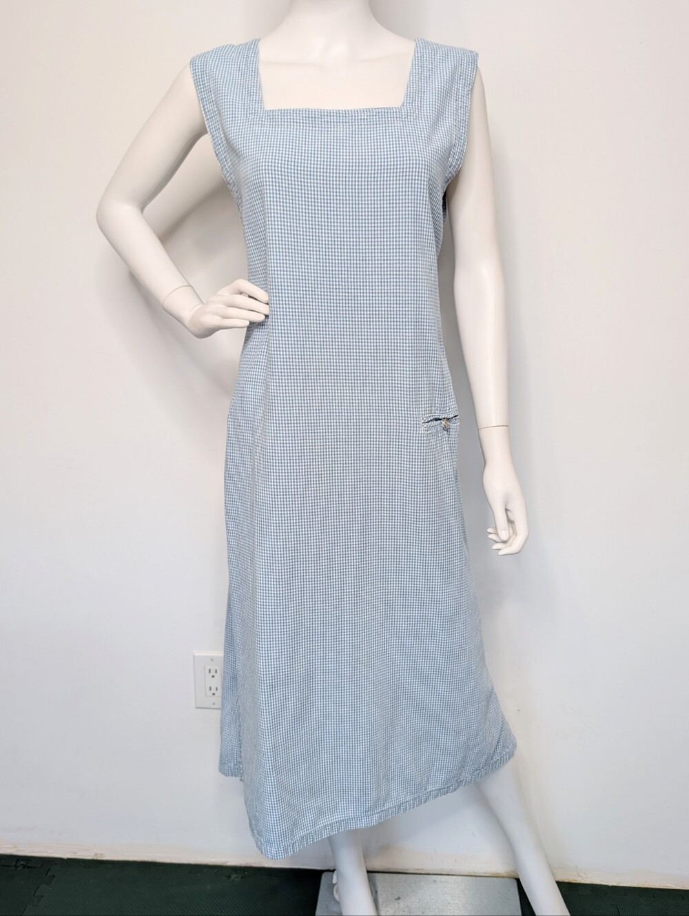 90s White & Light Blue Gingham Square Neck Pinafore Midi Dress Button Up Back